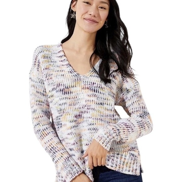 LOFT Sweater Multicolor Size L Spacedye Double V Chunky Knit Oversized - Picture 1 of 11